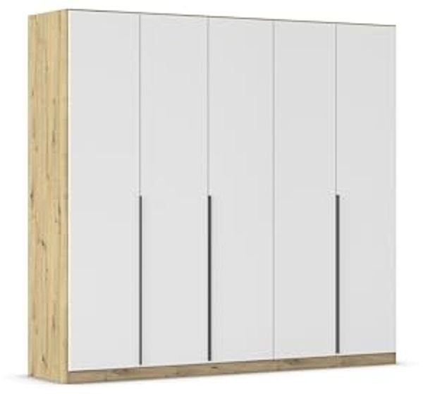 Rauch Möbel Alabama, Kleiderschrank, Garderobenschrank, 5-türig, Zubehör Basic, 3 Kleiderstangen, 3 Einlegeböden, Farbe Weiß/Eiche Artisan, Holz, Griff Grau metallic, 226 x 210 x 54 cm
