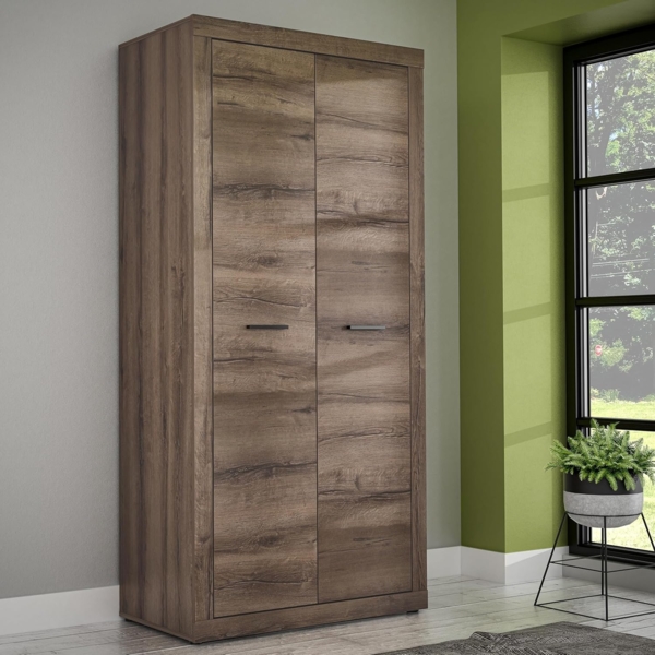 FORTE Trass Kleiderschrank 95, 2-türiger Drehtürenschrank mit Einlegeboden, Holzwerkstoff, Schlammeiche Dekor, 93,1 cm breit, 197 cm hoch, 52 cm tief