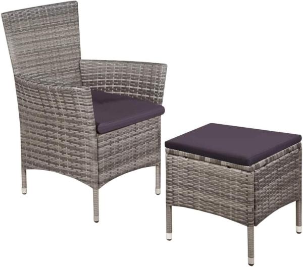 vidaXL Gartenstuhl und Hocker mit Polstern Poly Rattan Grau 44092