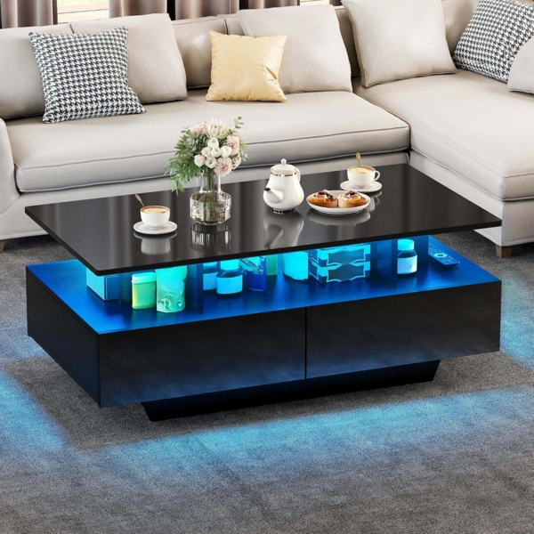 YITAHOME Couchtisch Schwarz, Wohnzimmertisch Hochglanz mit 16-Farbiger LED Beleuchtung Modern, Beistelltisch Schwarz mit Offenem Ausstellungsregal und 4 Ausziehbaren Schubladen 90 x 55 x 41,1 cm