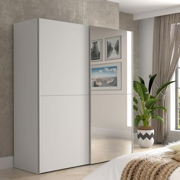 Forte KAIKAIS Kleiderschrank 170, moderner Schwebetürenschrank, 2-türig, Spiegel, Schlafzimmer, Holzwerkstoff, Weiß, 170,3 cm breit x 190,5 cm hoch x 61,2 cm tief