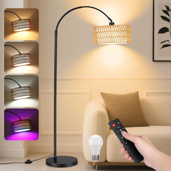 YICAIZI Stehlampe Wohnzimmer - 9W LED Dimmbar Bogenlampe mit Fernbedienung & RGB E27 Lampe, Bogen Stehende Lampe 900 Lumen Stehend Leselampe mit 3 Farbtemperaturen für Schlafzimmer, Büro, Schwarz