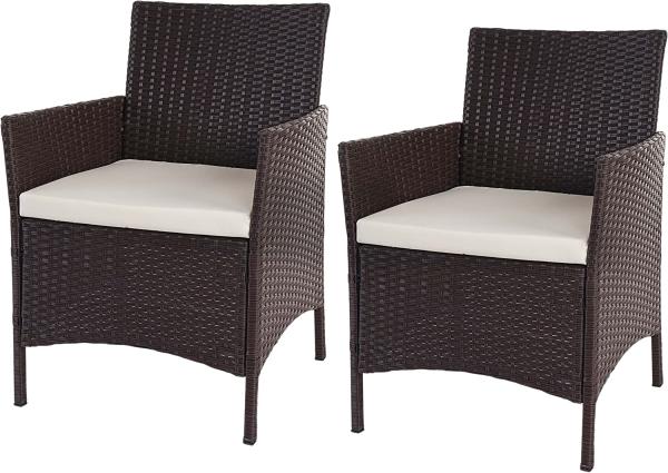 2er-Set Poly-Rattan Gartensessel Halden, Korbsessel ~ braun-meliert, Kissen creme