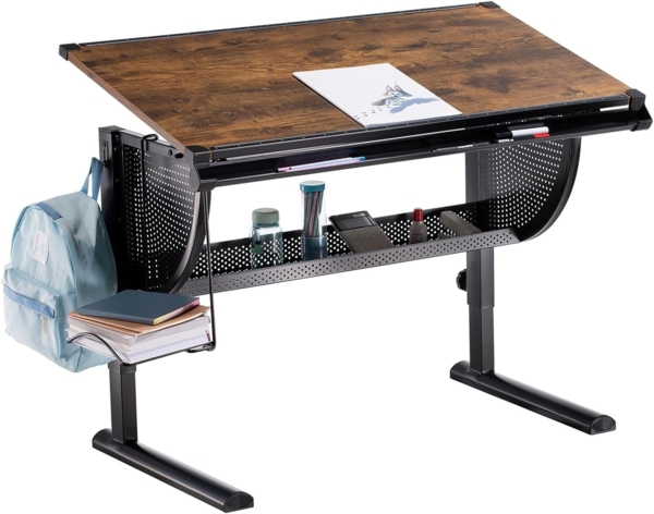 CARO-Möbel Kinderschreibtisch SARI, Lerntisch höhenverstellbar mit Rucksackhalterung & Ablagerinne vintage