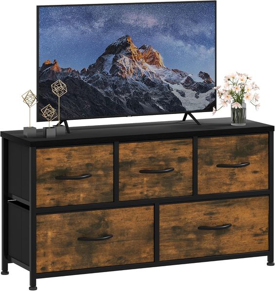 DWVO Kommode mit 5 Schubladen, Schrank aus Stoff mit Griffen, Metallgestell & MDF-Holzplatte, langlebig, für Schlafzimmer & Wohnzimmer,Rustikal Braun