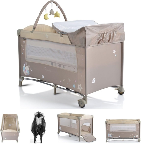 Moni Reisebett Sleepy Rollen, Wickelauflage, Matratze, Spielbogen, Seiteneingang beige braun