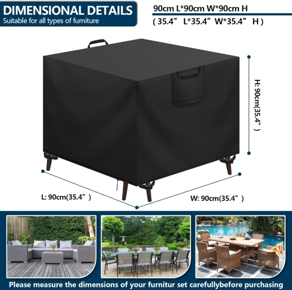 Aujink Abdeckung Gartenmöbel Winterfest, Wasserdichte Schutzhülle Gartenmöbel 420D Oxford Anti-UV Abdeckplane für Gartentische Terrassenmöbel Regenschutz und Staubfest Abdeckhaube Schwarz 90 x 90 x 90 cm Bild 2