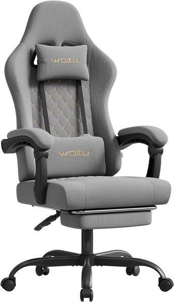 WOLTU Gaming Stuhl mit Massagefunktion, Computerstuhl mit Taschenfederkissen, Gamer Sessel ergonomisch, Drehstuhl mit Kopfkissen, Lendenkissen, Fußstütze, 150 kg, Netzstoff, Grau + Gelb, GS08gr