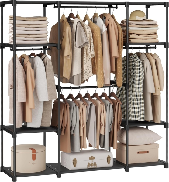 SONGMICS Kleiderschrank offen, Kleiderständer, Kleiderstange, Garderobe, 43 x 151 x 166 cm, 4 Hängefächer, viel Platz, für Schlafzimmer, Wohnzimmer, schwarz RYGDE036B02