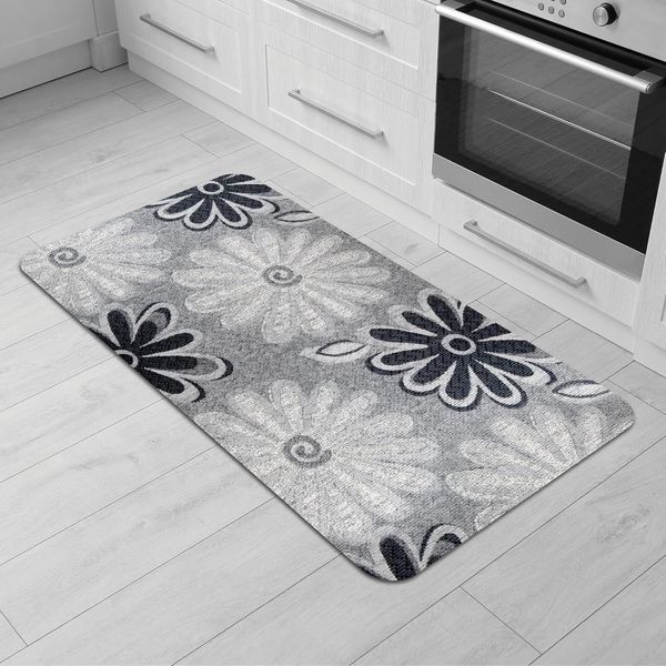 Comart - Küchenteppich Malaga - Läufer 100% PVC - Schmutzabweisend - rutschfest - Wasserdicht - Maschinenwaschbarer Teppich - Moderner Flur für Küche und Flur - Schwarze Blumen - 55x100 cm