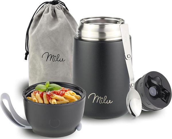 Milu® Thermobehälter für Essen 650ml, Edelstahl Warmhaltebehälter mit Löffel, Thermobecher Essen, Thermo Lunchbox für Kinder, Erwachsene, Thermobox Suppen, Babybrei, Speisebehälter Schwarz, 650ml