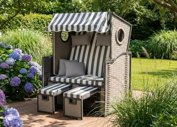 Wohnando Strandkorb Strandkorb "Crew", 115 x 73 x 158 cm (BxTxH), (1-tlg), im Martimen Design mit Bullauge, für 2 Personen
