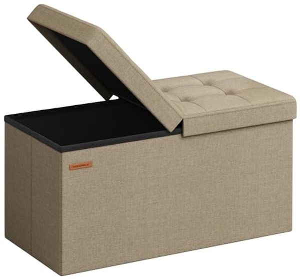 Songmics Sitzbank mit Stauraum, klappbare Sitztruhe, Aufbewahrungsbox, 38 x 76 x 38 cm, Deckel klappbar, bis 300 kg belastbar, für Flur, Wohnzimmer, Schlafzimmer, Kamelbraun LSF046K01