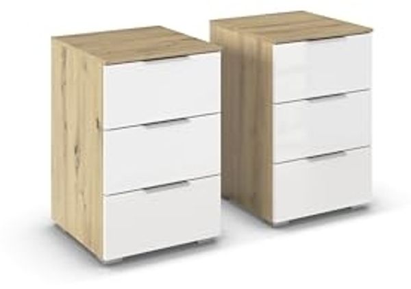 Rauch Möbel Alabama, Nachttisch-Paar für Schlafzimmer, Kinderzimmer, Gästezimmer, mit je 3 Schubladen, Soft-Close-Funktion, Farbe Weiß Hochglanz/Eiche Artisan, Holz, Griff Alufarben, Maße 40 x 61 x 42 cm