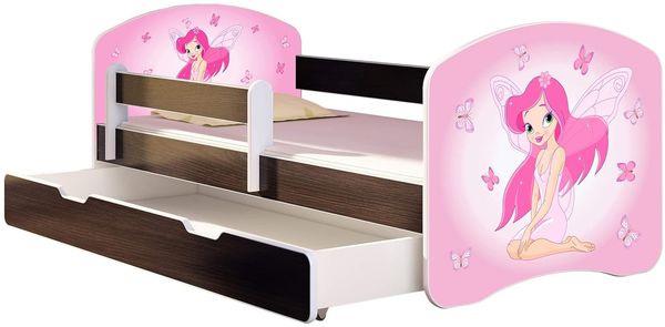 ACMA Kinderbett Jugendbett mit Einer Schublade und Matratze Wenge mit Rausfallschutz Lattenrost II 140x70 160x80 180x80 (07 Rosa Fee, 140x70 + Bettkasten)