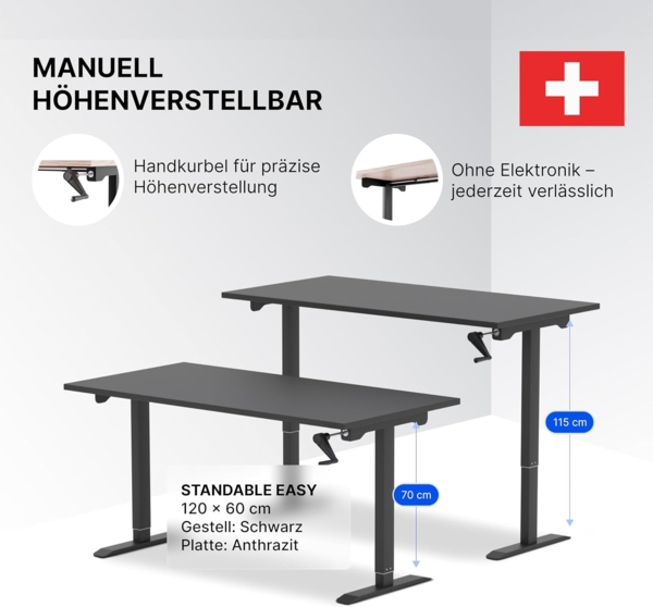 manuell höhenverstellbarer Schreibtisch EASY 120 x 60 cm - Gestell Schwarz, Platte Anthrazit Bild 4