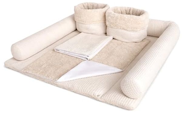 Wickelauflage Set 6-teilig – Wickelunterlage aus Waffelstoff & Frottee mit Druckknöpfen – Baby Wickelauflage – Wickeltischauflage – 85x75 cm (Breite x Tiefe), Hellbeige