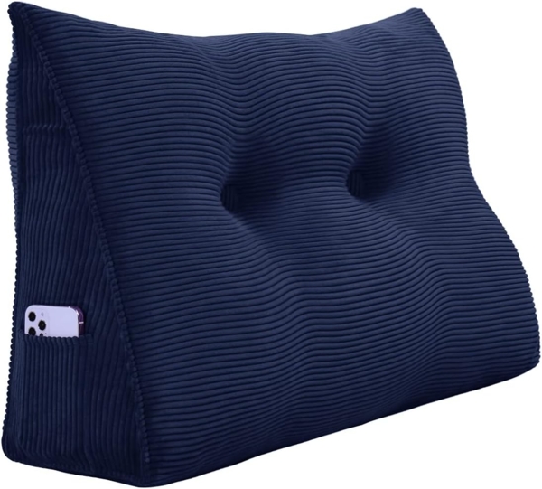 VERCART Großes Keilkissen, Langes Lesekissen, Bettruhe Rückenkissen, Dreieckiges Liegekissen, Dekoratives Kopfteilkissen für Tagesbett oder Tiefes Sofa, Cord Marineblau, 60cm