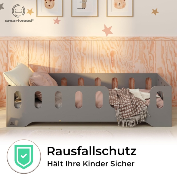 smartwood Kinderbett Bodenbett 70x140 mit Rausfallschutz & Lattenrost - Grau - Kinder Montessori Bett TILA 2P mit glatten Kanten - Betten für schnelle Montage - Bis 230 kg belastbar Bild 6