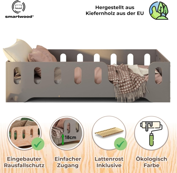 smartwood Kinderbett Bodenbett 70x140 mit Rausfallschutz & Lattenrost - Grau - Kinder Montessori Bett TILA 2P mit glatten Kanten - Betten für schnelle Montage - Bis 230 kg belastbar Bild 3