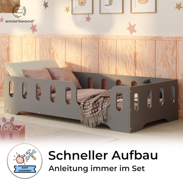 smartwood Kinderbett Bodenbett 70x140 mit Rausfallschutz & Lattenrost - Grau - Kinder Montessori Bett TILA 2P mit glatten Kanten - Betten für schnelle Montage - Bis 230 kg belastbar Bild 4