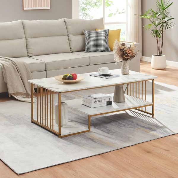 Couchtisch Klibro 120x60x42 cm Marmoroptik, weiß/Goldfarben [en. casa]