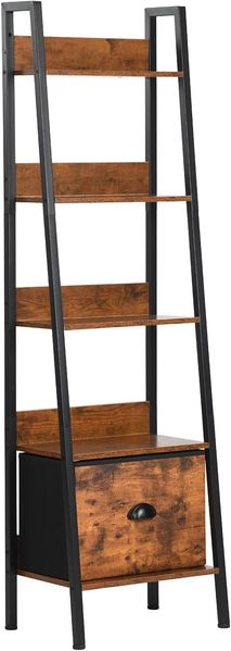 FurnitureR Leiter Bücherregal, Industrielle Aufbewahrungsregal, 5-Tier Display Offenes Regal mit Schublade für Wohnzimmer Schlafzimmer Home Office Küche Garten, 42.5 x 29 x 141CM, Braun