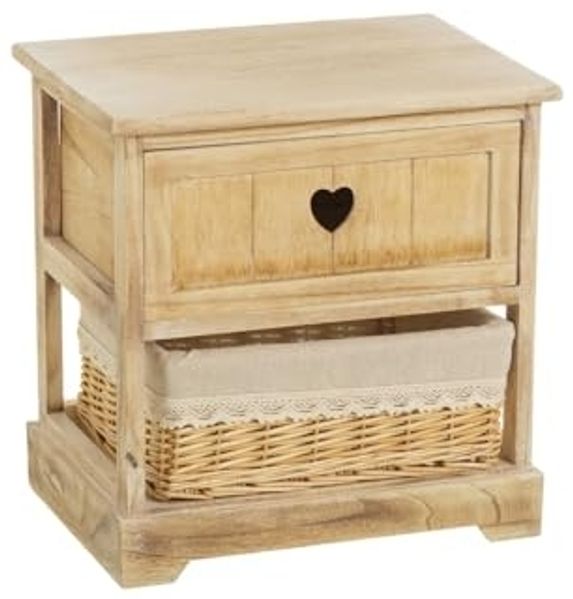DRW Beistelltisch mit 1 Schublade und 1 Korb aus Holz und Weide in Natur