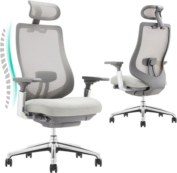 COLAMY XK Atlas Ergonomischer Bürostuhl, Netz-Chefsessel mit verstellbarem Kopfstütze, Computer Schreibtischstuhl Drehstuhl mit 4D-Armlehnen, Aluminium Basis/Schiebesitz/Neigungssperre, Hellgrau
