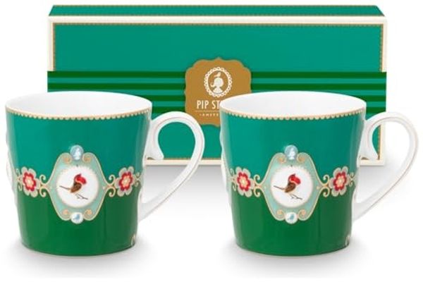 PiP Studio Becher Love Birds Medallion Emerald-Green Henkelbecher Large 0,25l Set2, Porzellan
