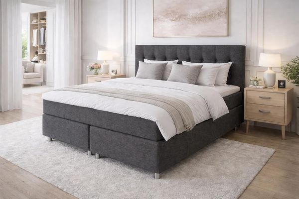 Tesla Dreams Boxspringbett 200x200 Ronda, MÖBELMONTAGE KOSTENLOS, 7 Zonen Taschenfederkern-Matratze H2/H3, Topper Visco, Unterbau Taschenfederkern, Anthrazit