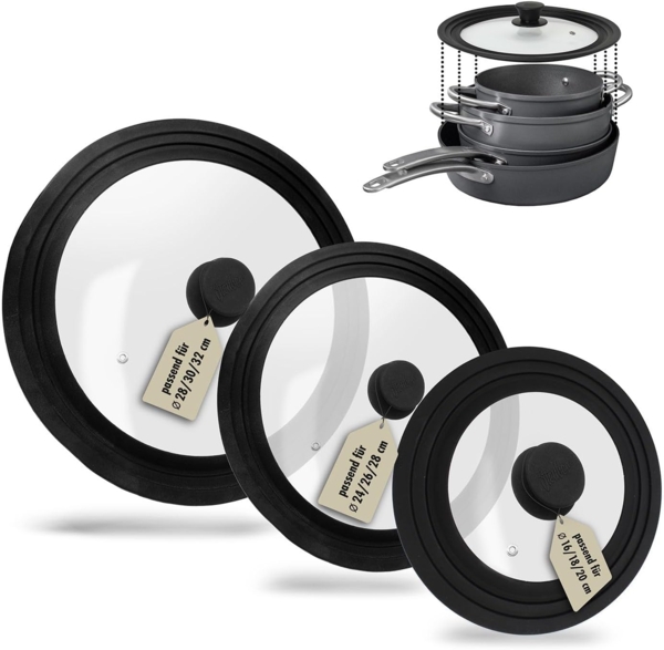 Steuber Universaldeckel, (Set, 3-tlg), Glasdeckel Set für Töpfe und Pfannen, Auslassventil und Silikonrand
