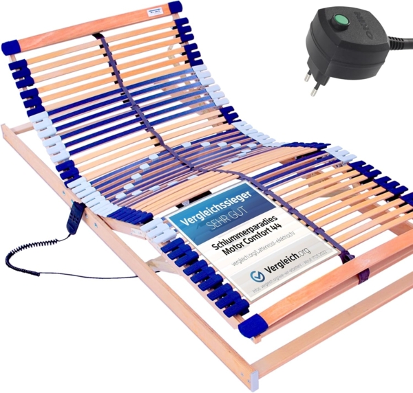 elektrischer Lattenrost 100% BUCHE - Kopf- u. Fußteil elektrisch verstellbar - SCHULTERFRÄSUNG, 7 Zonen, 44 Federleisten, Härteregulierung, Mittelgurt - MOTOR COMFORT 44® - fertig montiert (90x200)