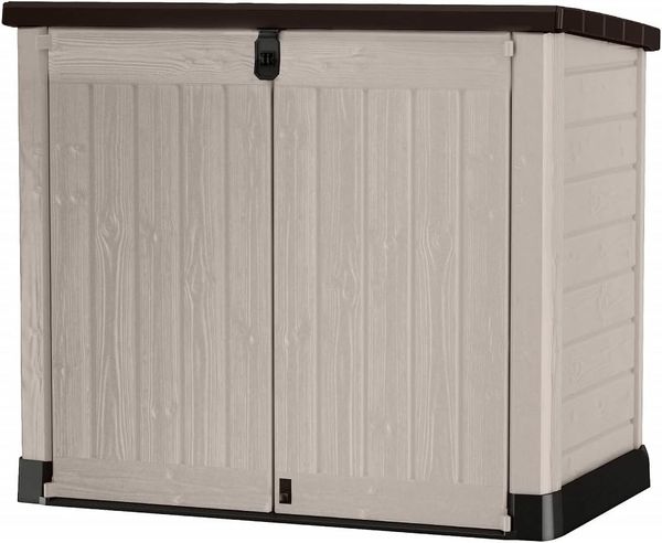 Keter Store it Out Pro Mülltonnenbox mit Gasdruckfeder, wetterfest, abschließbar, beige, 1. 200 L, 145,5 x 82 x 123 cm, passend für 2x240l Abfalltonnen