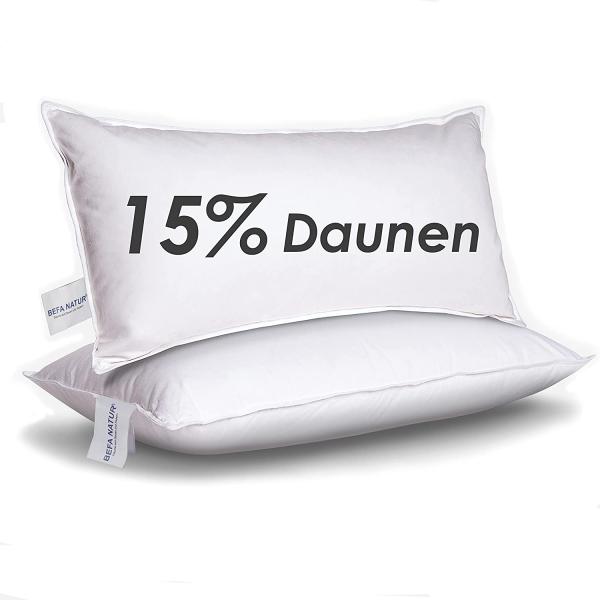 Made in Germany BEFA Natur Kopfkissen 40x80 cm mit 15% Daunen & 85% Federn Klasse 1, weiß, Füllgewicht: 600g. Allergiker geeignet (nomite), Downpass (2 Stück)