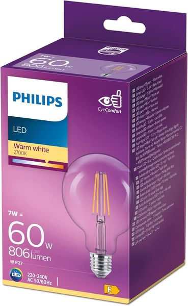 Philips LED Classic E27 Lampe, 60 W, Giant Globeform, klar, warmweiß