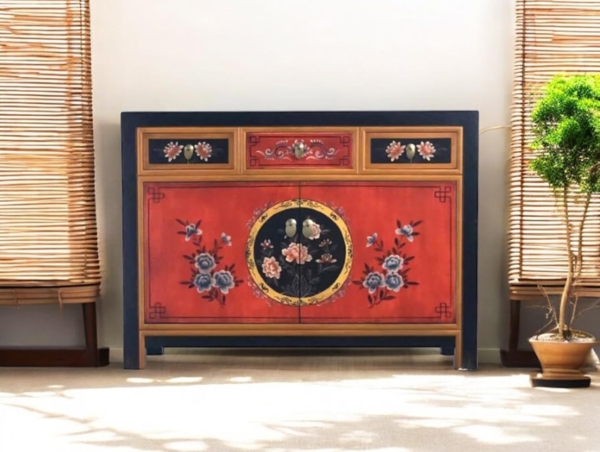 Vintage Kommode Orange Schwarz chinesisch Schrank Sideboard Kolonial-Stil Antik-Stil Lowboard asiatisch orientalisch Fernost shabby-chic Landhaus