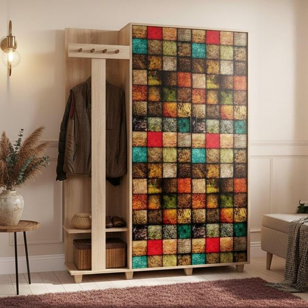 Dmora - Eingangsmöbel Terpsi, Moderner Eingang, Wandgarderobe, Multifunktions-Aufbewahrungskonsole, 135x36h194 cm, Eiche und Multicolor