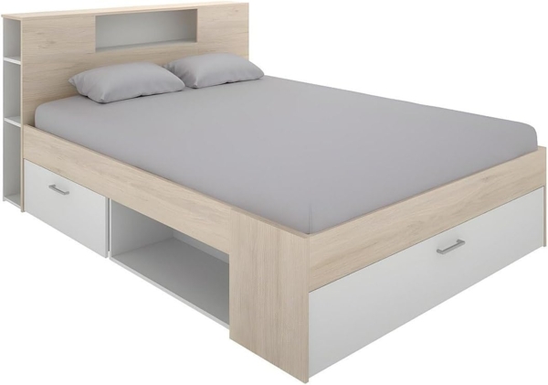 Vente-unique - Bett mit Kopfteil, Stauraum & Schubladen - 140 x 190 cm - Weiß & Naturfarben - LEANDRE