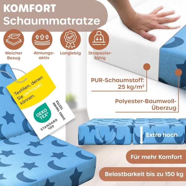 KESSER® Klappmatratze Gästematratze 3-fach Faltmatratze faltbar zum Sitzhocker | Schaumstoff 25kg/m³ extra dick 15cm atmungsaktiv waschbar abnehmbarer Bezug | Matratze inkl. Camping Tragetasche Blau, 90 x 195 x 15 cm Bild 5