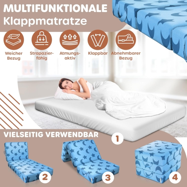 KESSER® Klappmatratze Gästematratze 3-fach Faltmatratze faltbar zum Sitzhocker | Schaumstoff 25kg/m³ extra dick 15cm atmungsaktiv waschbar abnehmbarer Bezug | Matratze inkl. Camping Tragetasche Blau, 90 x 195 x 15 cm Bild 3