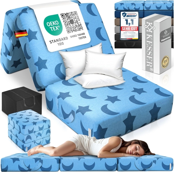 KESSER® Klappmatratze Gästematratze 3-fach Faltmatratze faltbar zum Sitzhocker | Schaumstoff 25kg/m³ extra dick 15cm atmungsaktiv waschbar abnehmbarer Bezug | Matratze inkl. Camping Tragetasche Blau, 90 x 195 x 15 cm Bild 1
