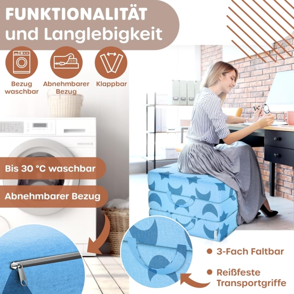 KESSER® Klappmatratze Gästematratze 3-fach Faltmatratze faltbar zum Sitzhocker | Schaumstoff 25kg/m³ extra dick 15cm atmungsaktiv waschbar abnehmbarer Bezug | Matratze inkl. Camping Tragetasche Blau, 90 x 195 x 15 cm Bild 4