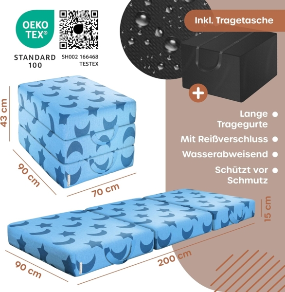 KESSER® Klappmatratze Gästematratze 3-fach Faltmatratze faltbar zum Sitzhocker | Schaumstoff 25kg/m³ extra dick 15cm atmungsaktiv waschbar abnehmbarer Bezug | Matratze inkl. Camping Tragetasche Blau, 90 x 195 x 15 cm Bild 2
