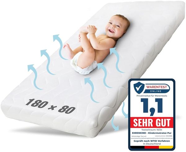 Ehrenkind® Kindermatratze Pur | Baby Matratze 80x180 | Babymatratze 80x180 aus hochwertigem Schaum und Hygienebezug