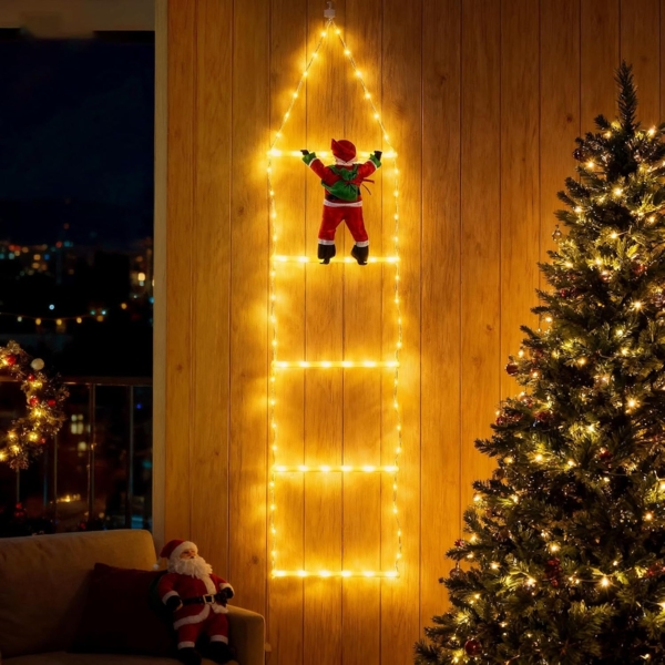 LEDYA 1,25M Leiter Lichterkette mit Weihnachtsmann, 98 LED Weihnachtsbeleuchtung Strombetrieben mit Timer, Speicherfunktion, 8 Modi für Innen- & Außen Weihnachtsbaum Fenster Weihnachten Deko, Warmweiß