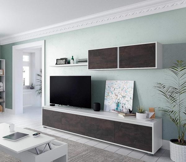 Dmora Wohnzimmer-TV-Schrank mit vier Türen, mit Hängeschrank und Regal, dunkelbraun und glänzend weiß, TV-Schrankmaß 200 x 43 x 41 cm Hängeschrank 105 x 35 x 29 cm Regal 95 x 3 x 21 cm