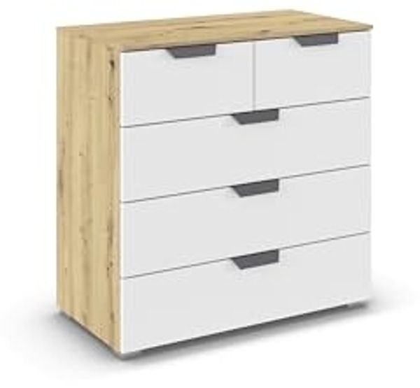 rauch Aditio Box, Kommode, 5 Schubladen, mit Softclose-Funktion, Farbe Weiß/Eiche Artisan, BxHxT 80x81x42cm