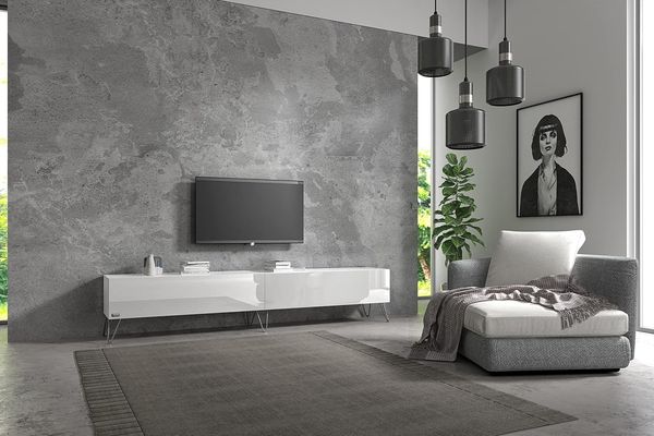 Wuun® TV-Board Lowboard Wohnwand TV-Bank Somero / 240cm (2x120 cm) / Weiß-Matt & Weiß-Hochglanz/Haarnadel Chrom