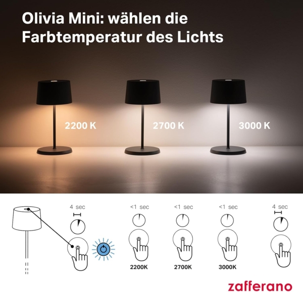 Zafferano, Olivia Mini Lampe, Tragbare und Wiederaufladbare Tischlampe mit Touch Control, Geeignet für Wohnzimmer und Außenbereich, Dimmer, 2200-3000 K, Höhe 22 cm, Farbe Corten Bild 6
